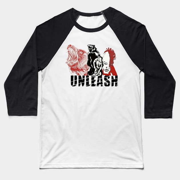 Unleash - Bear and Mohawk Warrior Baseball T-Shirt by unityheroes